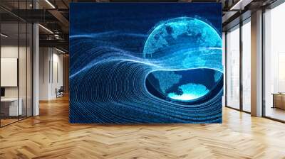 Digital cloud earth floating on neon data circle grid in cyberspace particle wave, abstract 3d rendering modern futuristic technology illustration background, digital age global world connectivity Wall mural