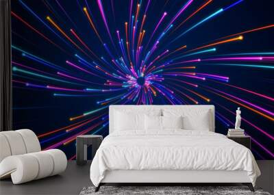 Futuristic fast moving blue particle light ray, digital dynamic hyperspace technology motion background, galaxy speed warp tunnel Wall mural