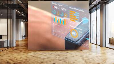 Futuristic hologram infographic display on smartwatch, 3d rendering medical data user interface screen app on hi-tech watch, heart rate SpO2 scanning and physical health condition UI technology Wall mural