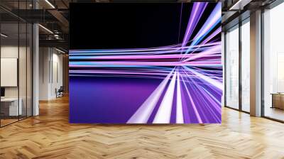 Futuristic vibrant blue purple color speed light, abstract timelapse highspeed car light trail motion effects at night 3d rendering, dynamic neon curve Wall mural