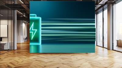 Glowing green power neon futuristic energy storage, high capacity rechargeable lithium ion battery, 3D rendering light trail of future electric vehicle clean energy technology concept. Wall mural