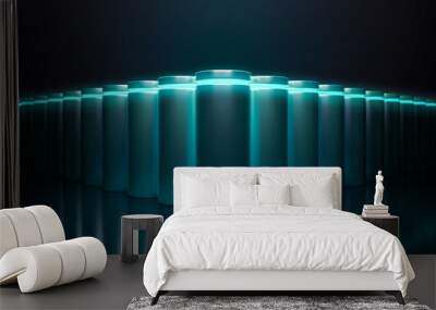 Glowing power neon light futuristic energy storage, high capacity rechargeable lithium ion battery, 3D rendering of future electric vehicle clean energy technology concept Wall mural