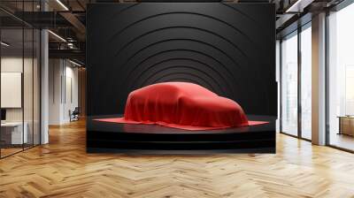 Unrevealed upcoming car cover in red silk showroom, clean dark black studio warehouse shop interior, premium new electric vehicle stage exhibition 3d rendering Wall mural