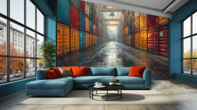 A vibrant cargo container terminal with colorful shipping containers lined up, showcasing logistic and transportation in a modern port facility. Wall mural