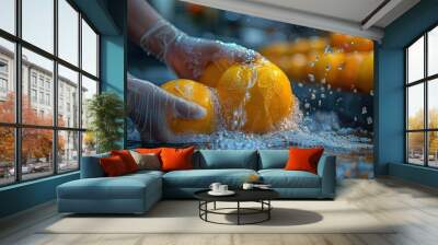 Close-up of hands in gloves washing fresh oranges under water stream, emphasizing cleanliness and food safety in a professional setting. Wall mural