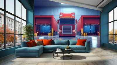 Modern Logistics Warehouse with Red Semi-Truck and Trailers in Industrial Setting, Illuminated by Bright Overhead Lights, Showcasing Efficient Transportation and Freight Management Wall mural