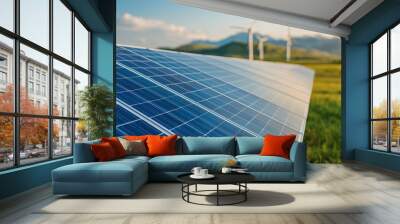 Renewable Energy Landscape with Solar Panels and Wind Turbines in a Green Field with Mountains in the Background on a Sunny Day Wall mural