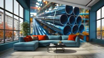 Stack of blue steel pipes in an industrial factory setting, showcasing manufacturing, metalwork, and industrial engineering processes. Wall mural