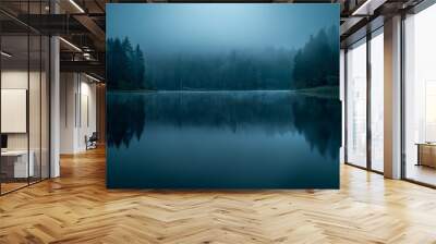 Dark sky before sunrise with a hint of light, quietly raining, peaceful forest or lake Wall mural