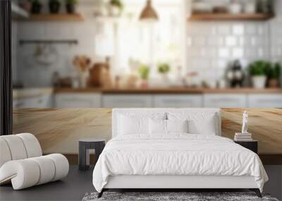 Kitchen table background with wood countertop in bokeh-styled, white, abstract interior of a clean, abstract home Wall mural