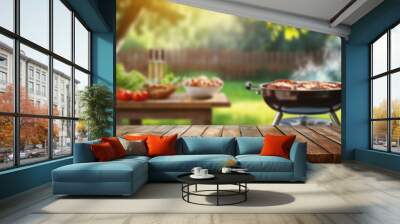 Summer in the garden with grill, wooden table, blurred background Wall mural