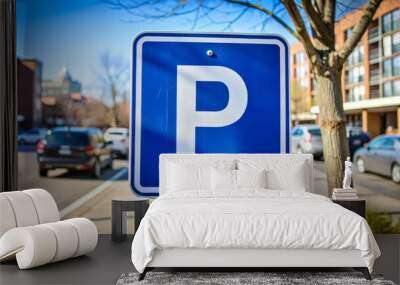 A blue parking sign is on a pole in front of a row of parked cars Wall mural