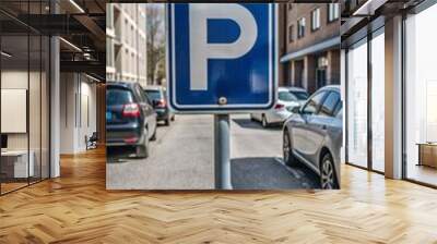 A blue parking sign is on a pole in front of a row of parked cars Wall mural