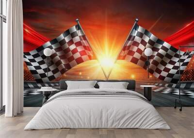 A checkered flag is flying in the air above a racetrack Wall mural