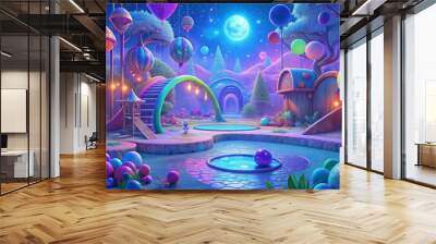 A colorful, whimsical scene with a large blue moon in the sky Wall mural