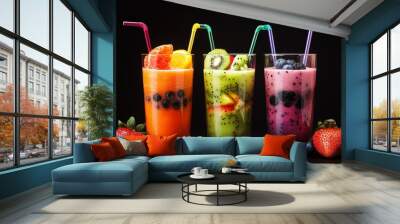 Three glasses of colorful smoothies with straws and fruit on a black background. Wall mural