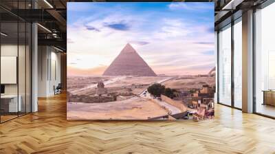 Pyramids and Sphinx at sunset Wall mural