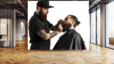 Barber Trimming Beard of Client in Barbershop Wall mural