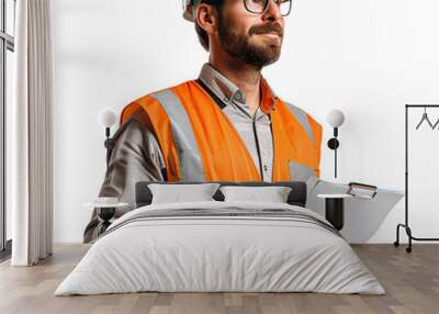 Engineer in Safety Vest Holding Clipboard on Transparent Background Wall mural