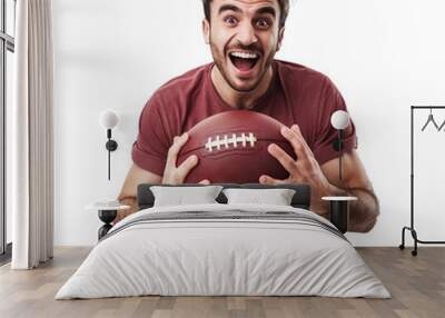 Excited Man Holding American Football And Smiling Wall mural