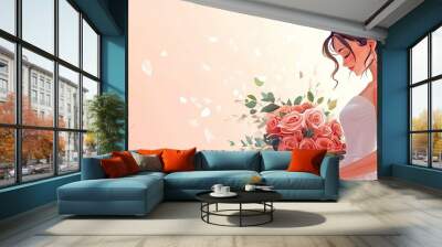 Charming cartoon bride in an elegant gown holding a bouquet of roses Wall mural