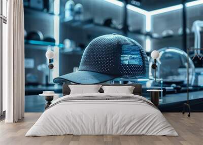 A Baseball Cap Is Displayed in a Glass Case on a Table in a Store - Generative AI Wall mural