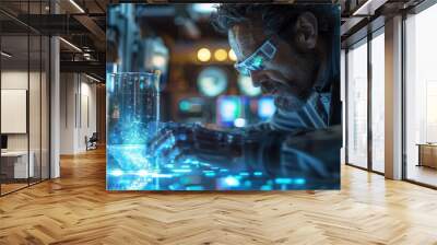 A Man Working With a Glass of Liquid in a Laboratory Setting Wearing Safety Glasses and a White Lab Coat - Generative AI Wall mural