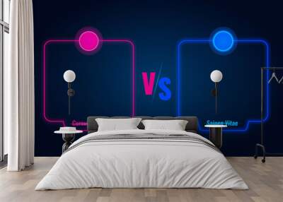 Versus or compare screen with blue neon frames and vs letters. Vector illustration Wall mural