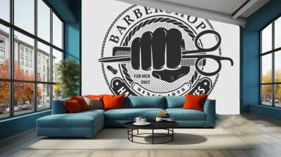 Barbershop logo, poster or banner design concept with hand holding hairdressing scissors and comb. Vector illustration Wall mural