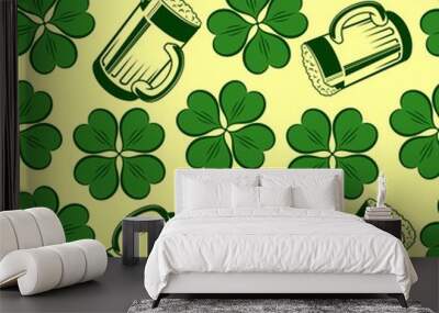 St. Patrick's day background with Beer mugs and Clover leafs. Seamless pattern. Vector illustration. Wall mural