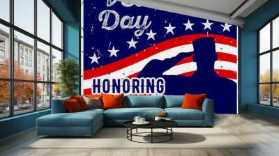 Veteran's day poster template in vintage style. US Army soldiers saluting on grunge american flag background Wall mural