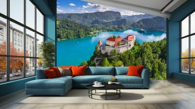 bled, slovenia - aerial panoramic view of beautiful bled castle (blejski grad) with lake bled (blejs Wall mural