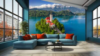 Bled, Slovenia - Aerial view of beautiful Lake Bled (Blejsko Jezero) with the Pilgrimage Church of the Assumption of Maria on a small island and Bled Castle and Julian Alps at backgroud at summer time Wall mural