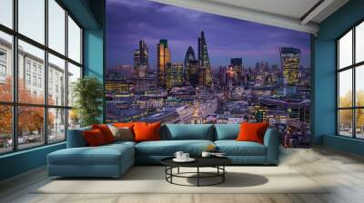 London, England - Panoramic skyline view of Bank district of London with the skyscrapers of Canary Wharf at the background at blue hour Wall mural