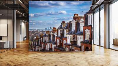 London, England - Panoramic skyline view of London and the skyscrapers of Canary Wharf with traditional British brick houses Wall mural