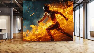 Athletic male figure running on fire, concept of strength, energy Wall mural