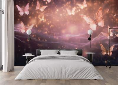 Beautiful butterflies flying in pink and blue smoke with sparks and lights, pastel colors, fantasy dark background, soft lighting Wall mural