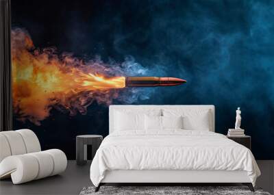 bullet is shot in the air with a glowing flame, slow motion, on dark background Wall mural