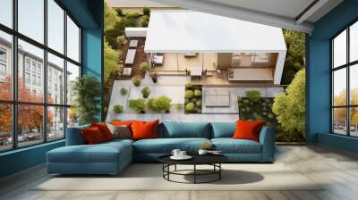 Large modern cottage, aerial view, terrace, landscape design, shrubs, trees, natural stone, minimalism style Wall mural