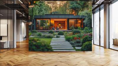 Large modern cottage with large windows, landscape design, trees, natural stone, tropical forest Wall mural