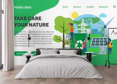 ecology and environment creative illustration vector for landing page , small people in ecology and  Wall mural