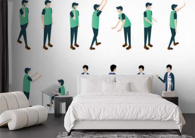 man isometric illustration vector set, walk call mobile sit stand bend look work illustration vector isometric Wall mural