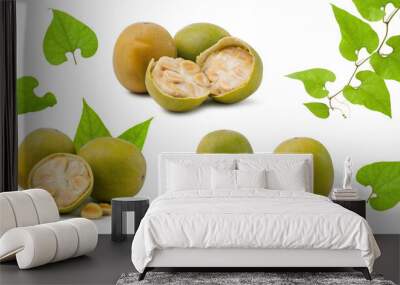 fresh ripe fructus momordicae with green leaves isolated on white. Wall mural