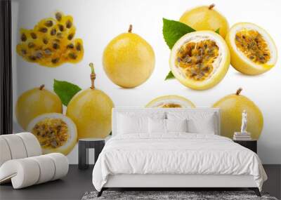 set of ripe yellow passionfruit with tasty pulp and leaves isolated on white background. Wall mural