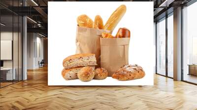 two paper bags with different breads isolated on white background. Wall mural