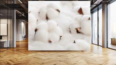 white cotton flowers on cotton fabric. Wall mural