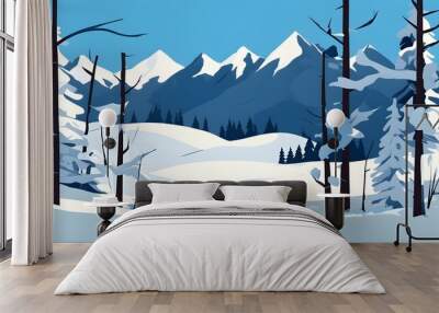 Serene winter landscape featuring snow-covered mountains and trees in a vibrant flat design style Wall mural