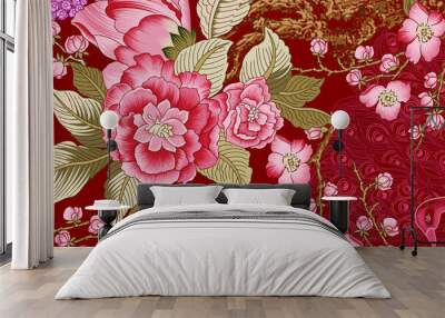 Watercolor flower butterfly rose peony paisley tropical leaf Wall mural