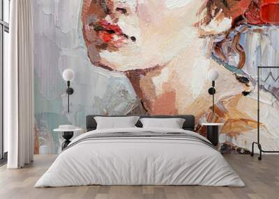 .Fragment of a portrait of a young beautiful girl with red lips. Oil painting on canvas. Wall mural