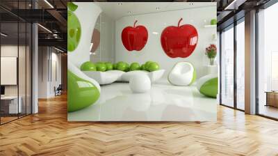 A bright and contemporary interior featuring green and white apple-shaped furniture, large red apple wall decor, and a minimalist design. The space is filled with natural light, creating a playful and Wall mural